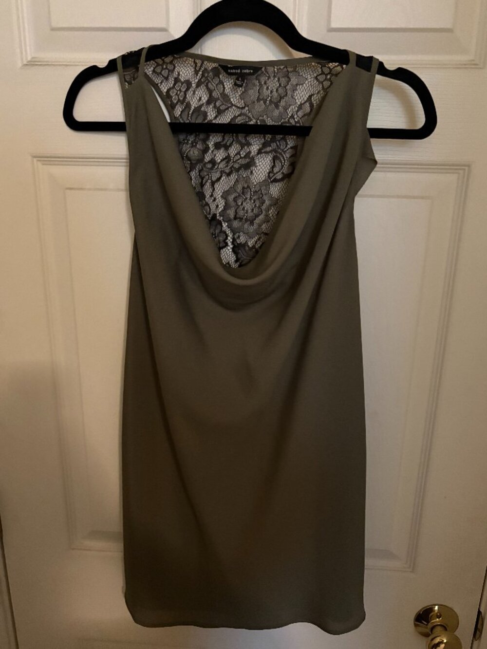 Olive Green Rayon & Black Lace Cowl-Neck & Open Back Y2K Inspired Tunic Top (L)